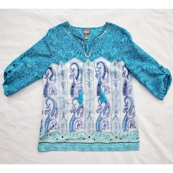 Chico's Tops - Chicos Lightweight Turquoise 3/4 Sleeve Boho Print Tunic Top Tassels Size M